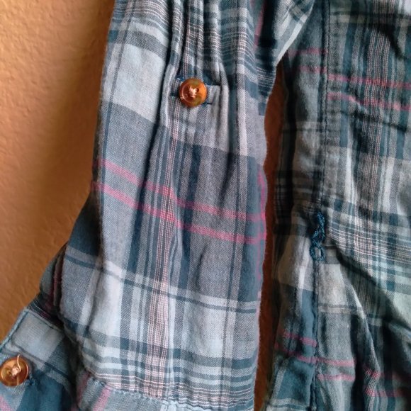 Mudd Girls Blue Plaid Button Down Shirt with Roll Tab Sleeves - Picture 4 of 4